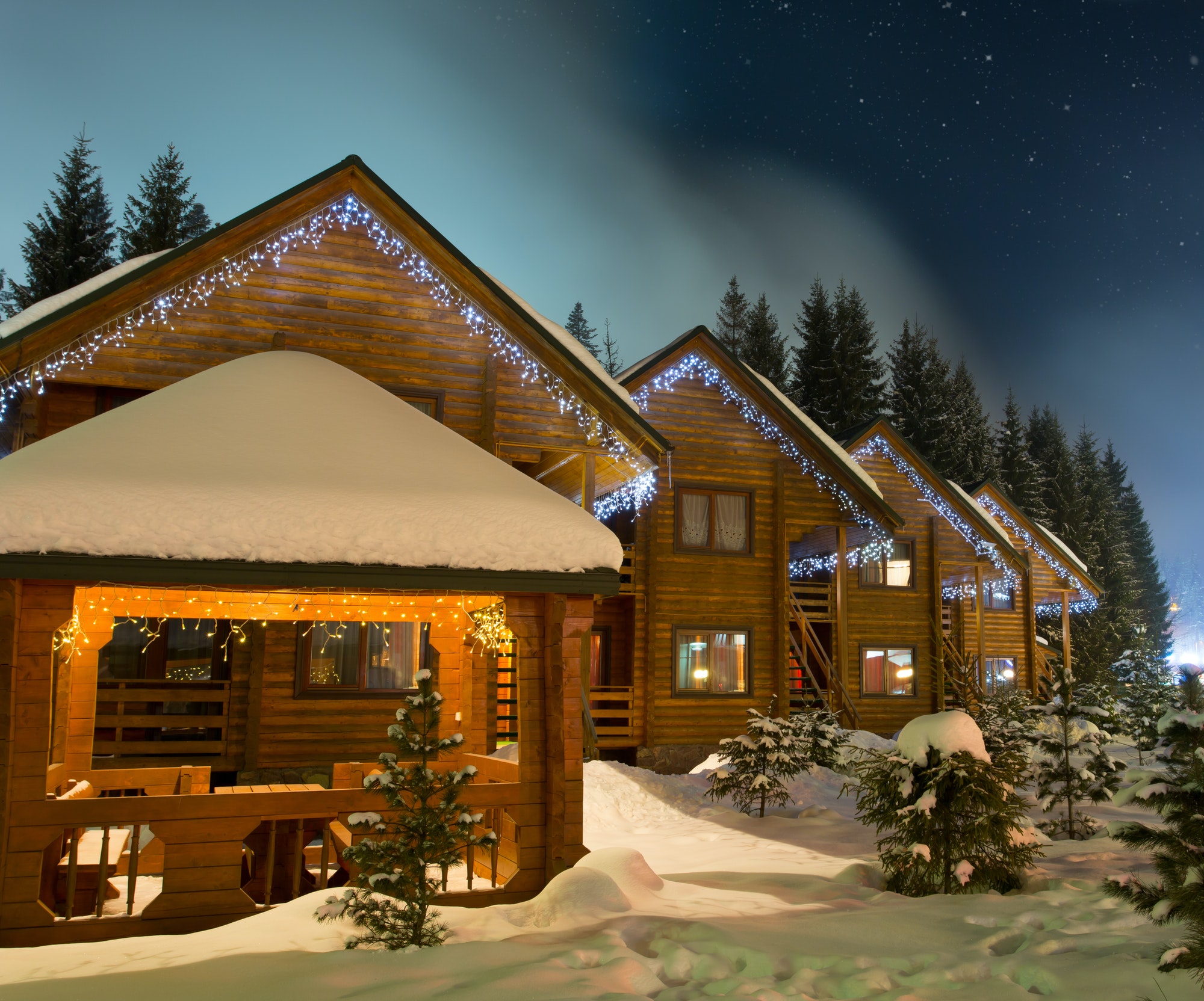 Ski chalets at night