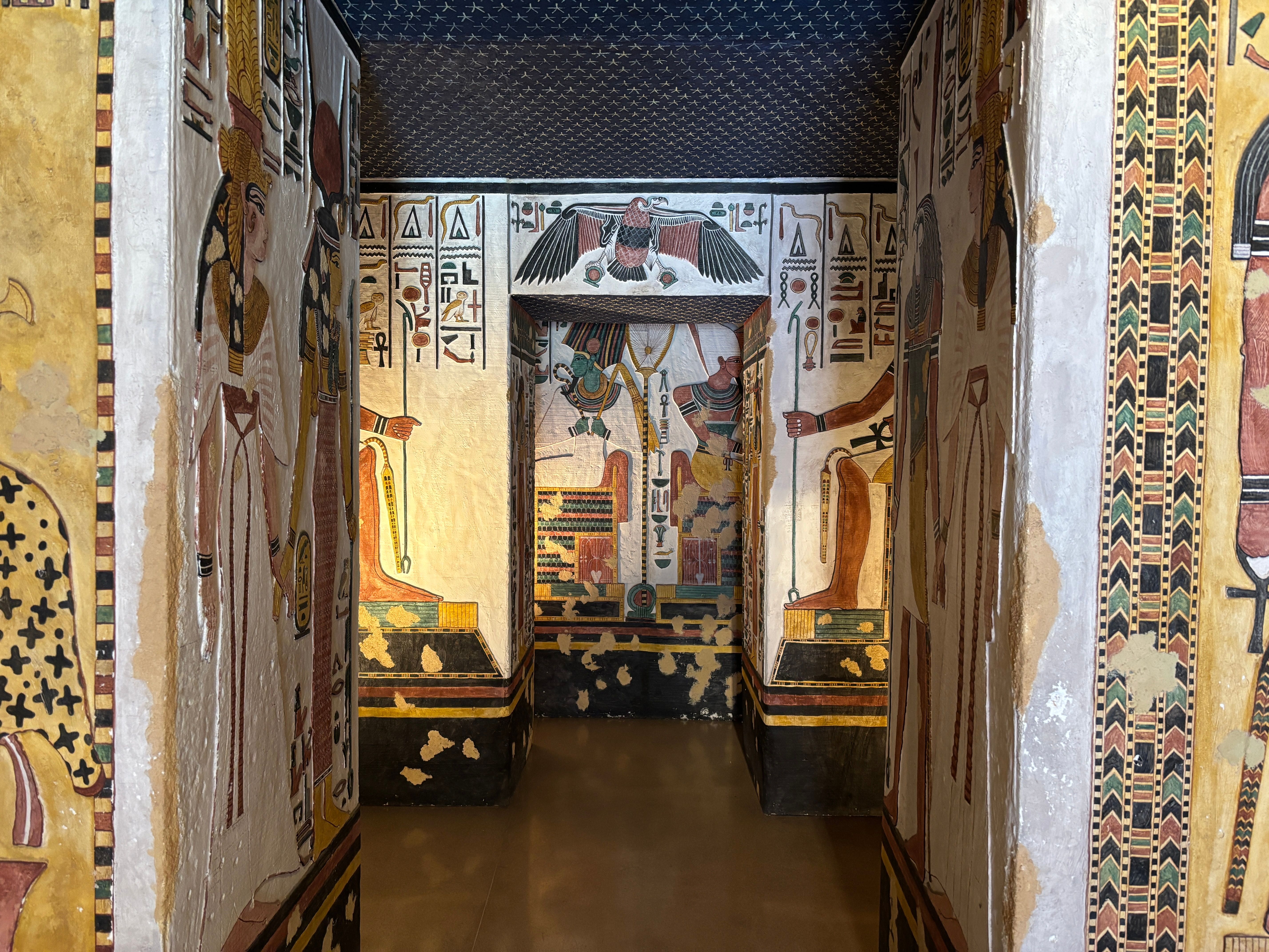 Explore the vibrant hieroglyphics and artwork inside an ancient Egyptian tomb.