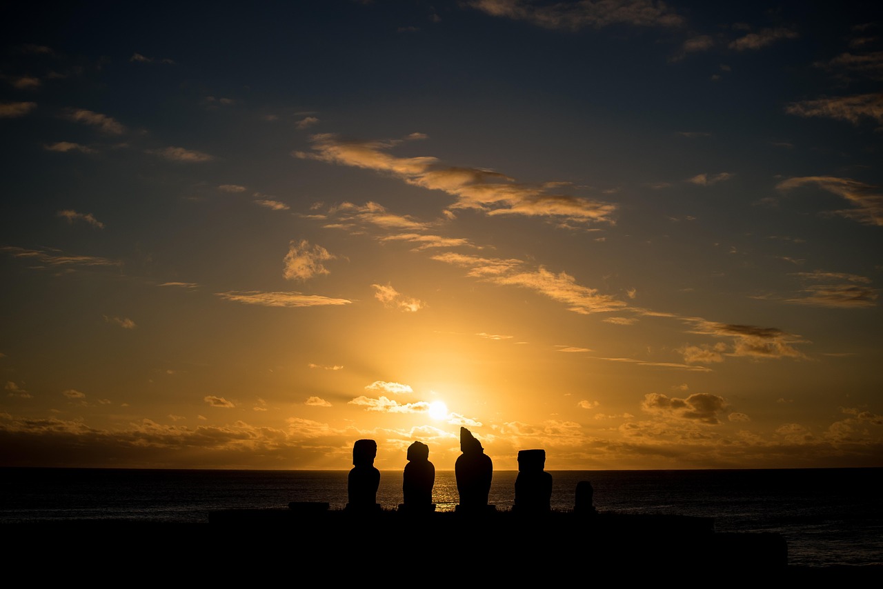 easter island, chili, statues, ancestors, ahu tahai, holiday, sea, ocean, sunset, clouds, nature, archeology, ceremonial