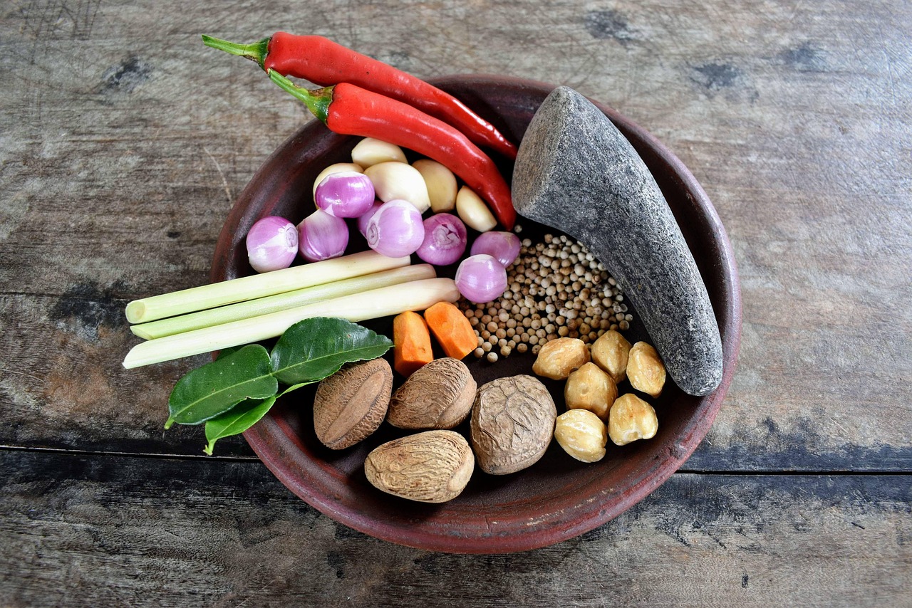 ingredients, food, cooking, recipe, vegetables, kitchen, lemongrass, chillies, onions, garlic, pepper, spices, herbs, re