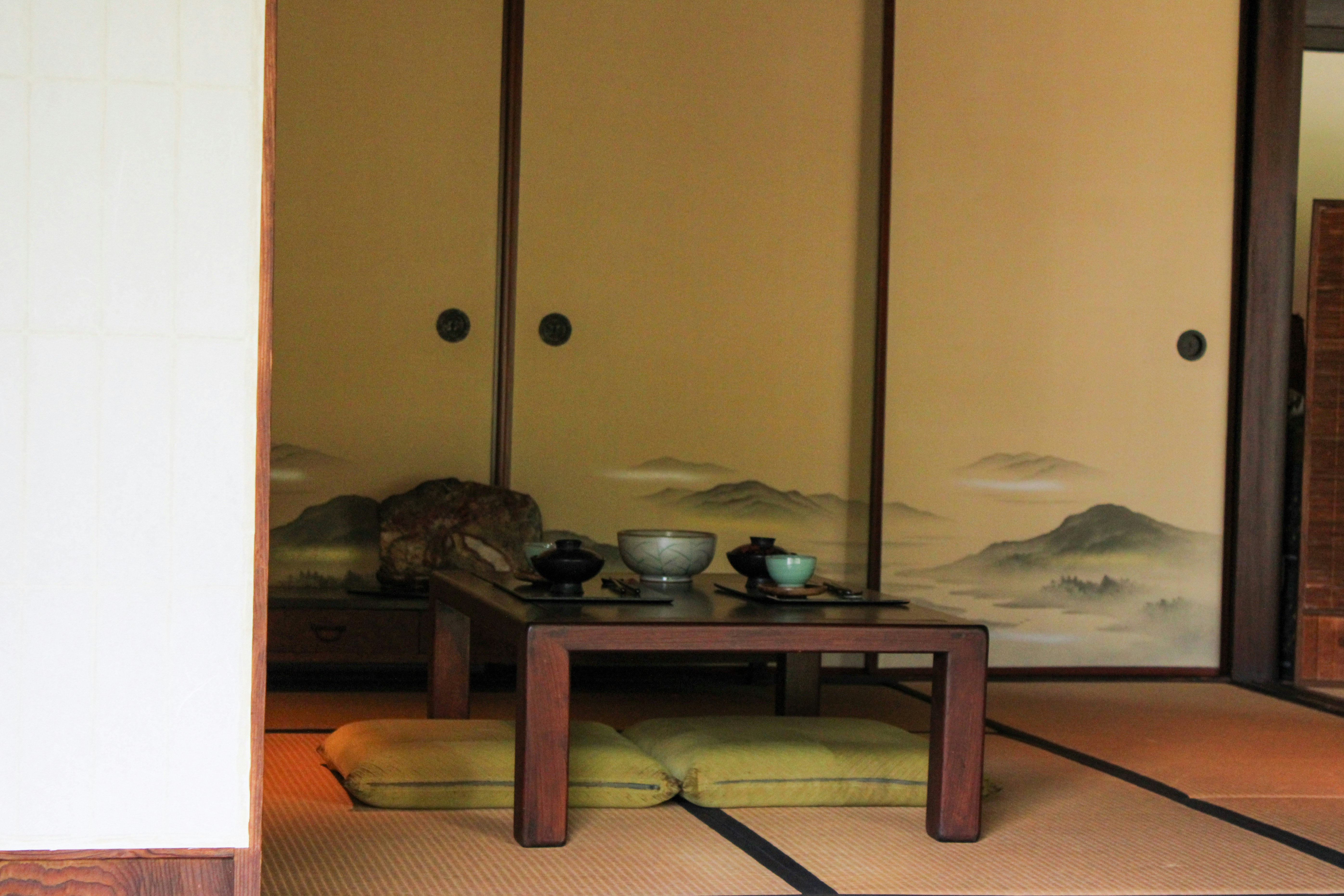 Japanese tea ceremony setup in a traditional room.